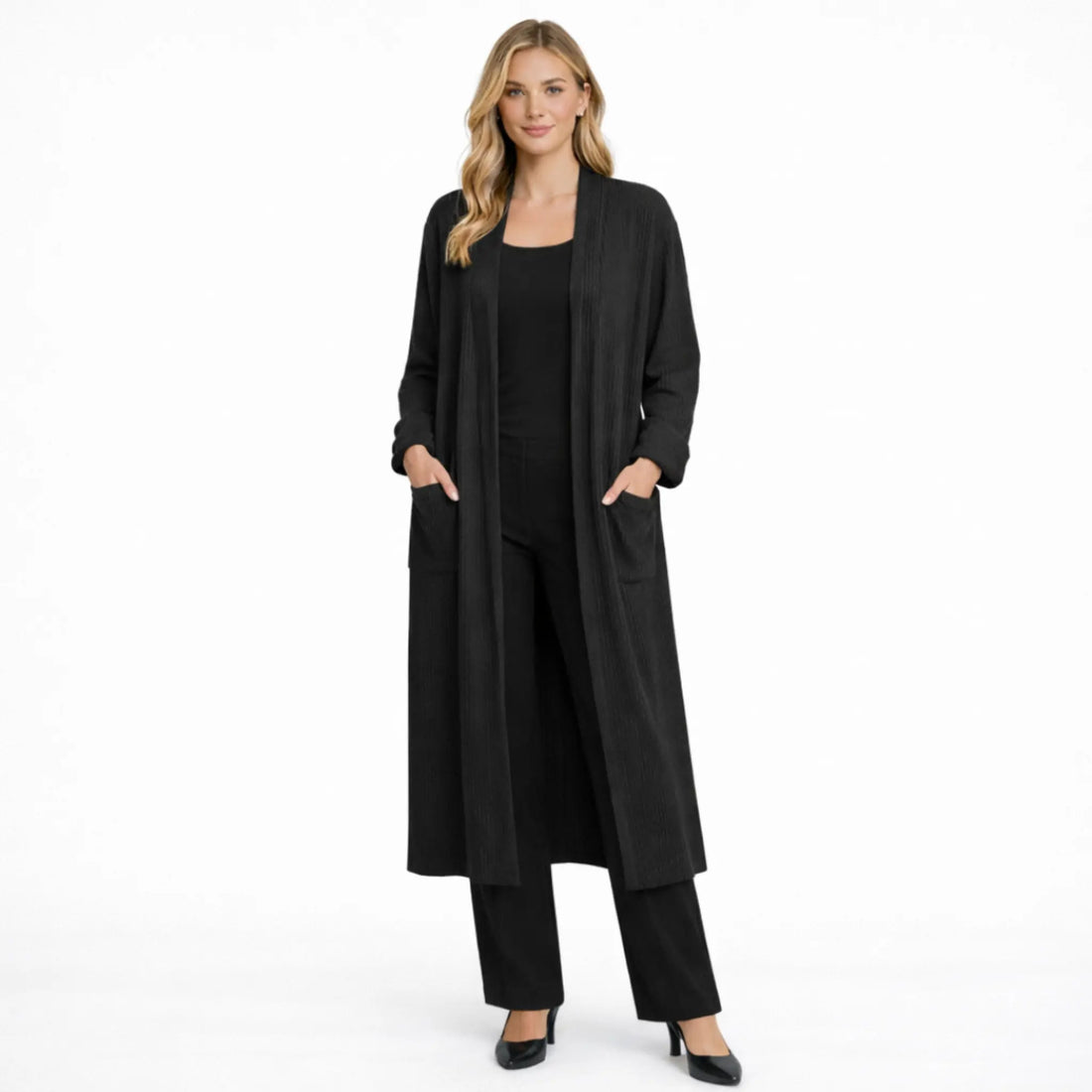 Women’s Long Ribbed Open Front Cardigan with Pockets | Casual Everyday Layering Coat
