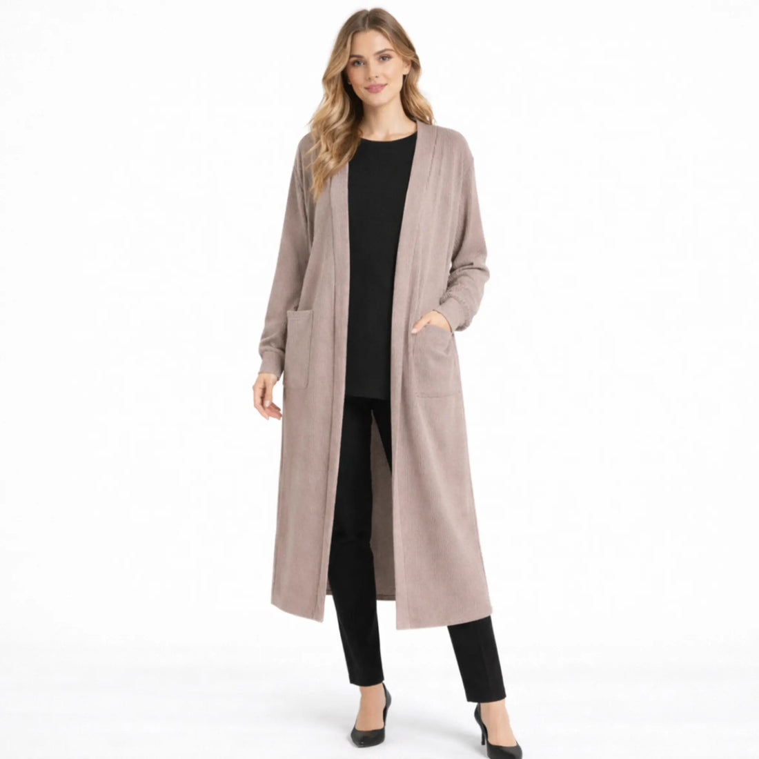 Women’s Long Ribbed Open Front Cardigan with Pockets | Casual Everyday Layering Coat