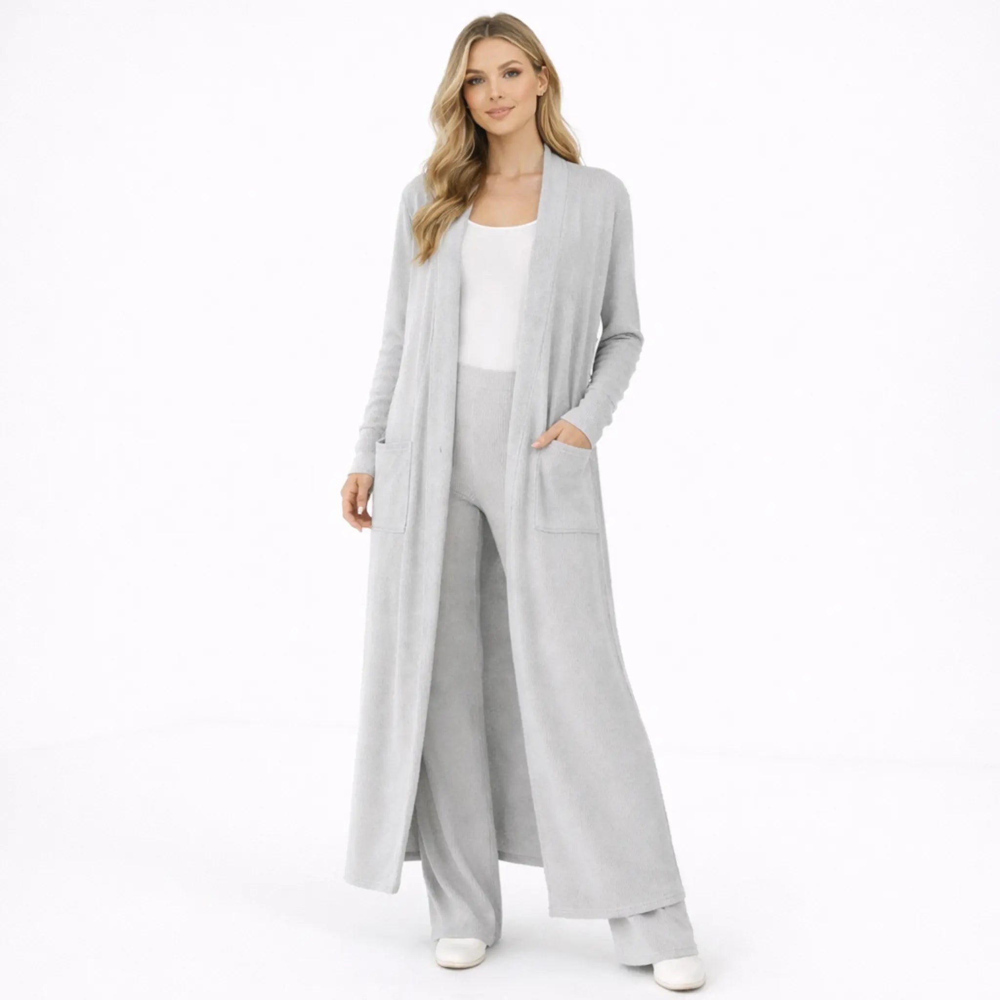 Women’s Long Ribbed Open Front Cardigan with Pockets | Casual Everyday Layering Coat