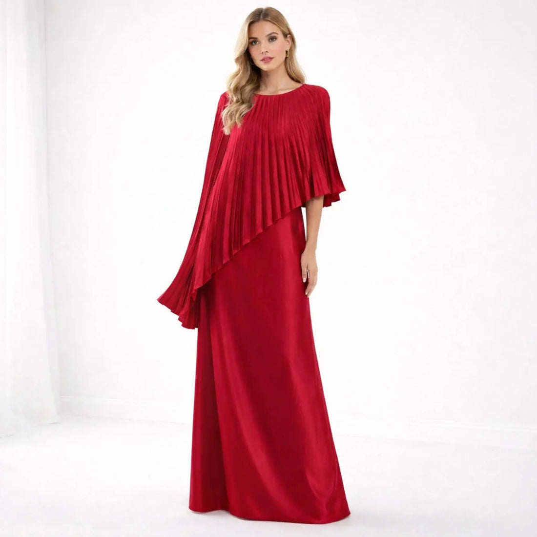 Women’s Elegant Pleated Satin Cape Style Maxi Dress | Satin

