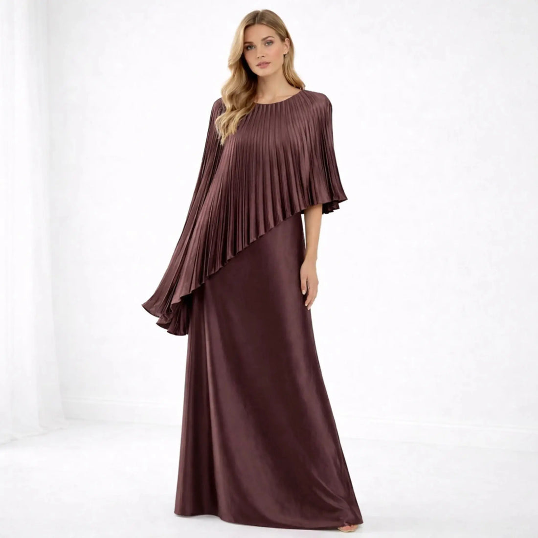 Women’s Elegant Pleated Satin Cape Style Maxi Dress | Satin

