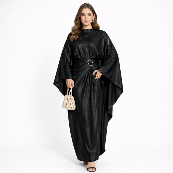 Women’s Satin Cape Maxi Dress with Gold Buckle | Elegant Modest Evening & Occasion Wear